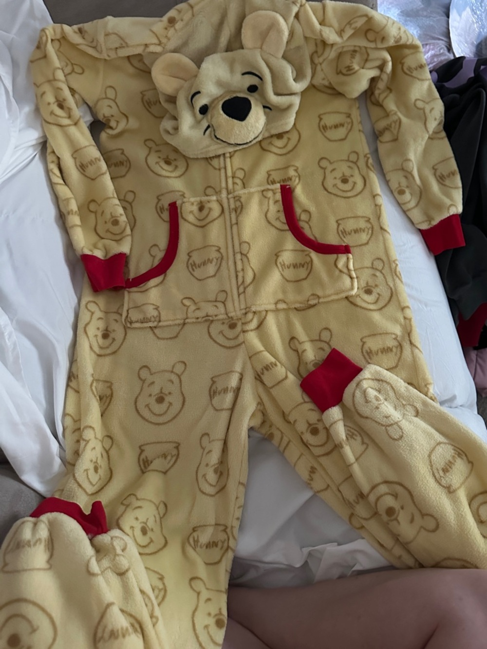 Disney Yellow Winnie the Pooh Plush Hooded One-Piece Pajamas with Red Trim